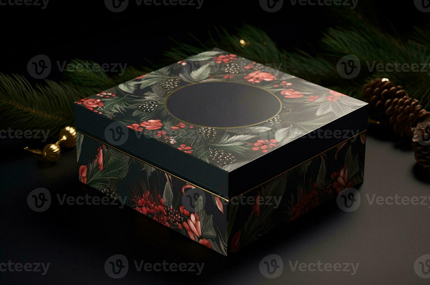 Christmas black box mockup with lid. Generative AI photo