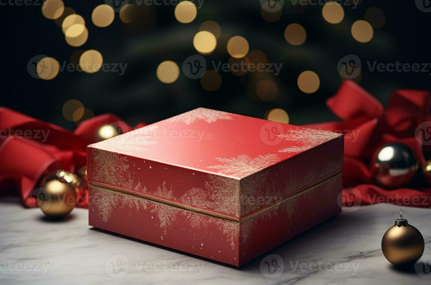 Mockup of Christmas red box with lid with Christmas tree. Generative AI photo
