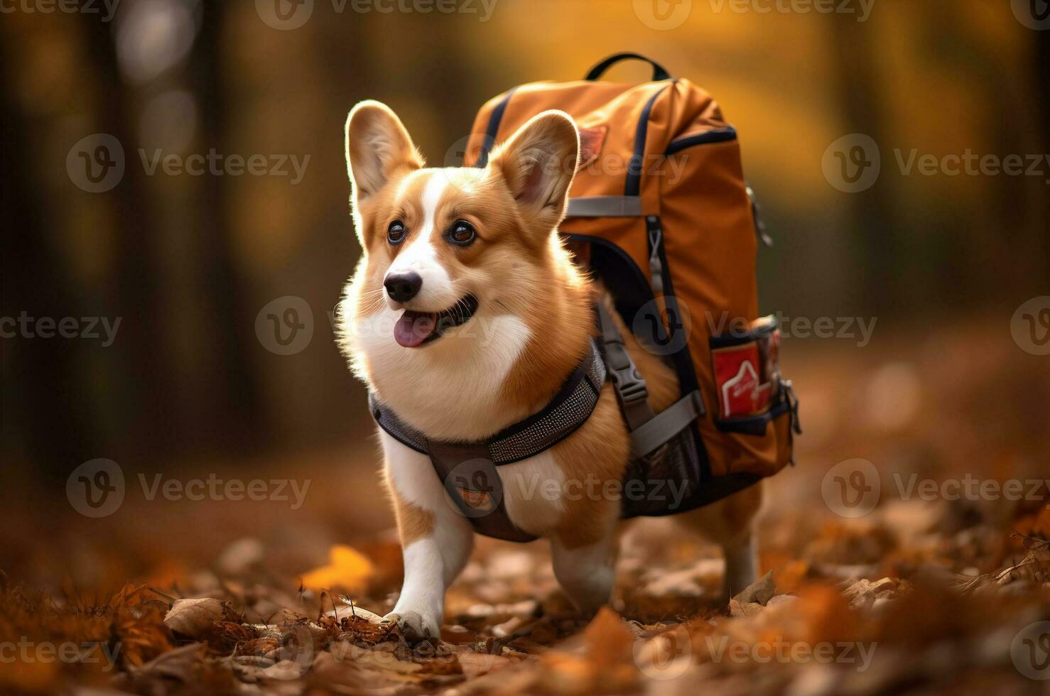 Corgi dog with a backpack in the autumn forest. Corgi went on a hike. Generative AI 33063560 Stock Photo at Vecteezy