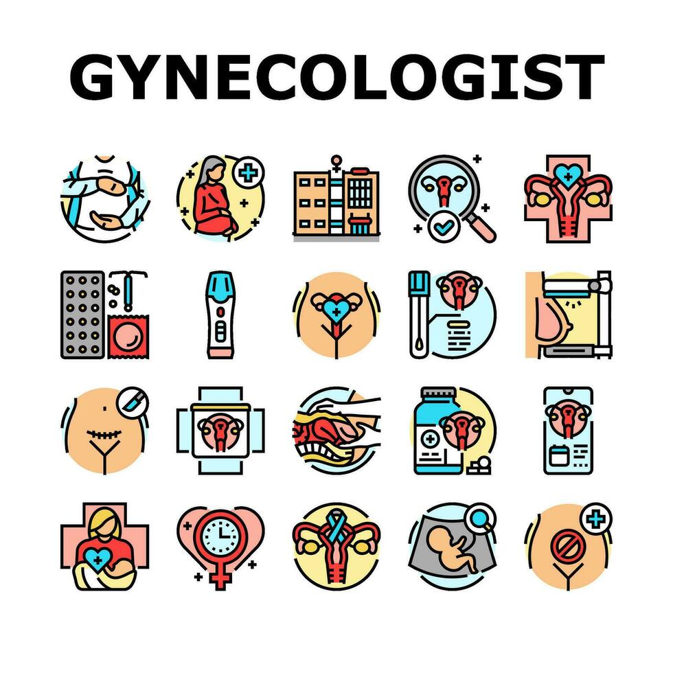 gynecologist doctor woman patient icons set vector