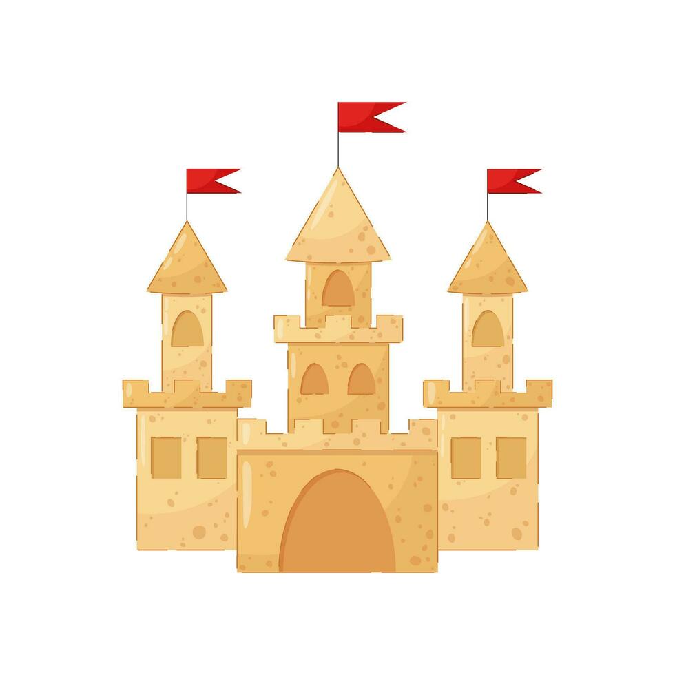 Sand castle with towers and red flags. Vacation on the beach. Summer composition. vector