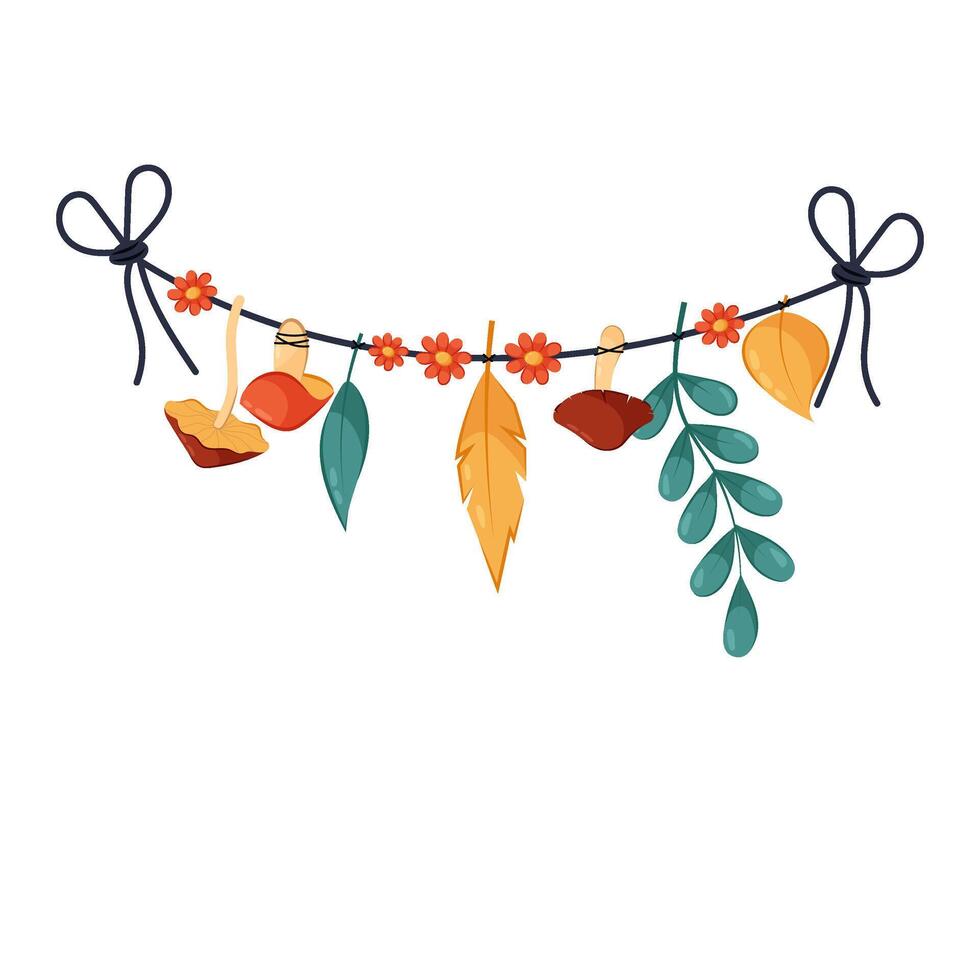 Garland of dried herbs, twigs, flowers and mushrooms on a white background in a flat style. Witch's preparations. Cartoon garland of ingredients for a potion, treatment or folk medicine. vector