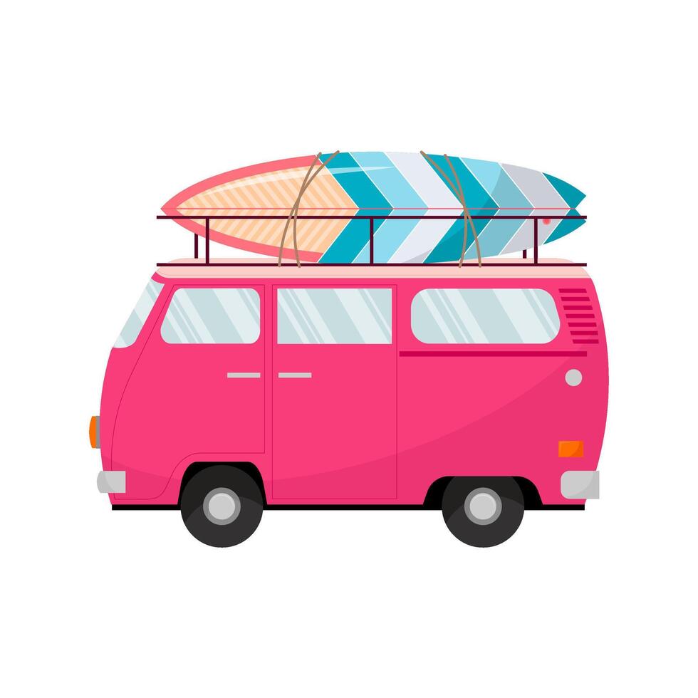 Travel car with surfboard. Tourism. Surfing. Vehicle. vector