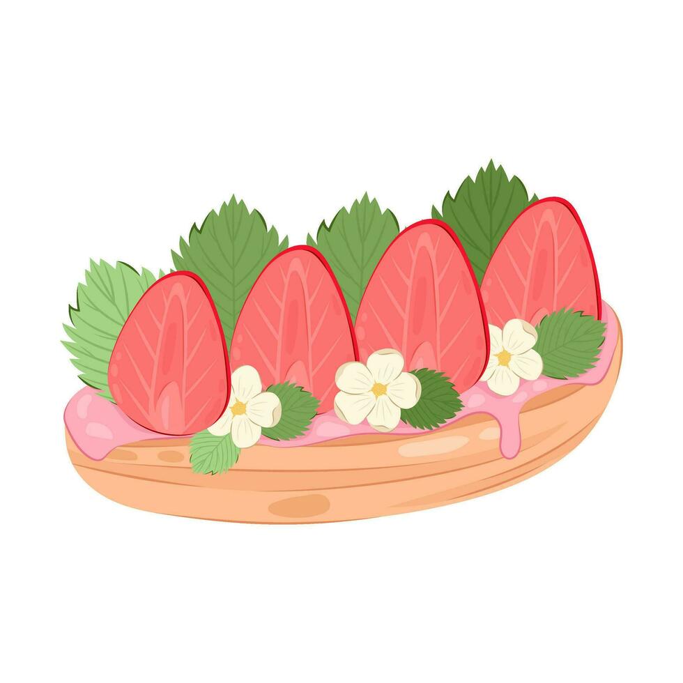 Strawberry dessert. Half an eclair with pink cream and chopped strawberries. vector