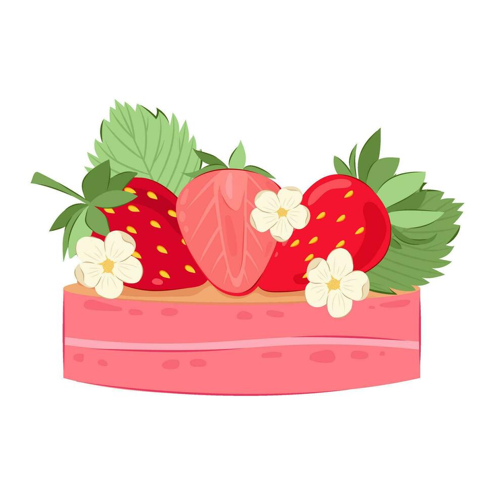 Cake with pink mousse decorated with ripe red strawberries vector