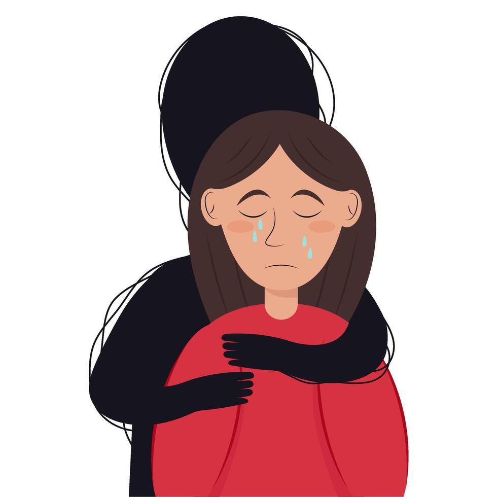 A black silhouette hugs a crying girl. Depression. Psychological illness. vector