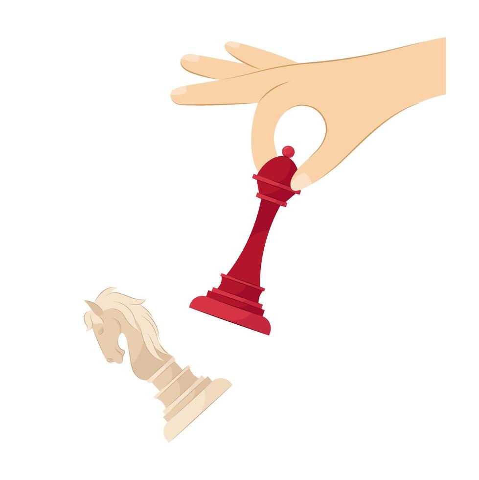 Chess. A hand holds a chess piece on a white background. The rook beats the knight. Chess composition in flat style. vector