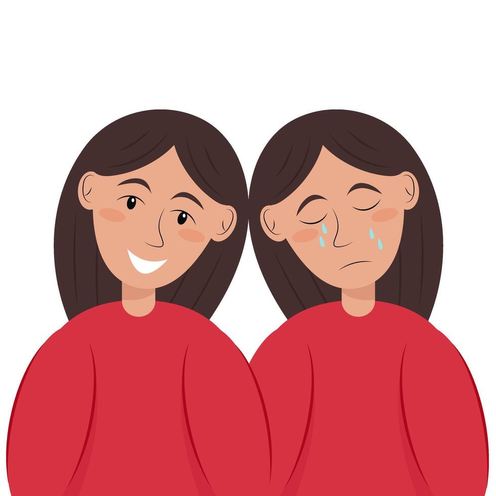 Two opposite states of man. Cheerful and sad girl. Psychological problems, mental health vector