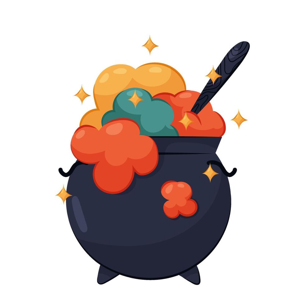 Witch's cauldron with potion in flat style on a white background. Cartoon witch's cauldron. Magic, potion, decor. vector