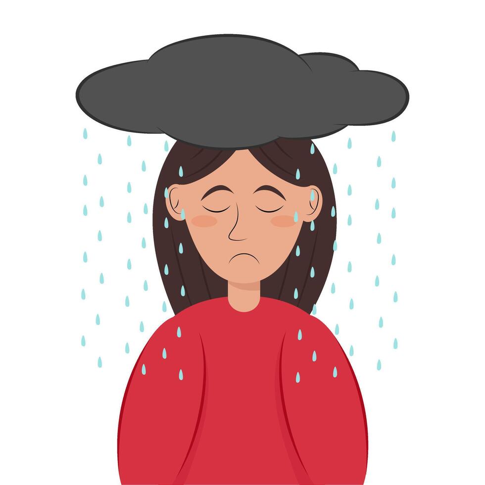Above the sad girl hangs a gray cloud from which it rains. Depression mental health. vector