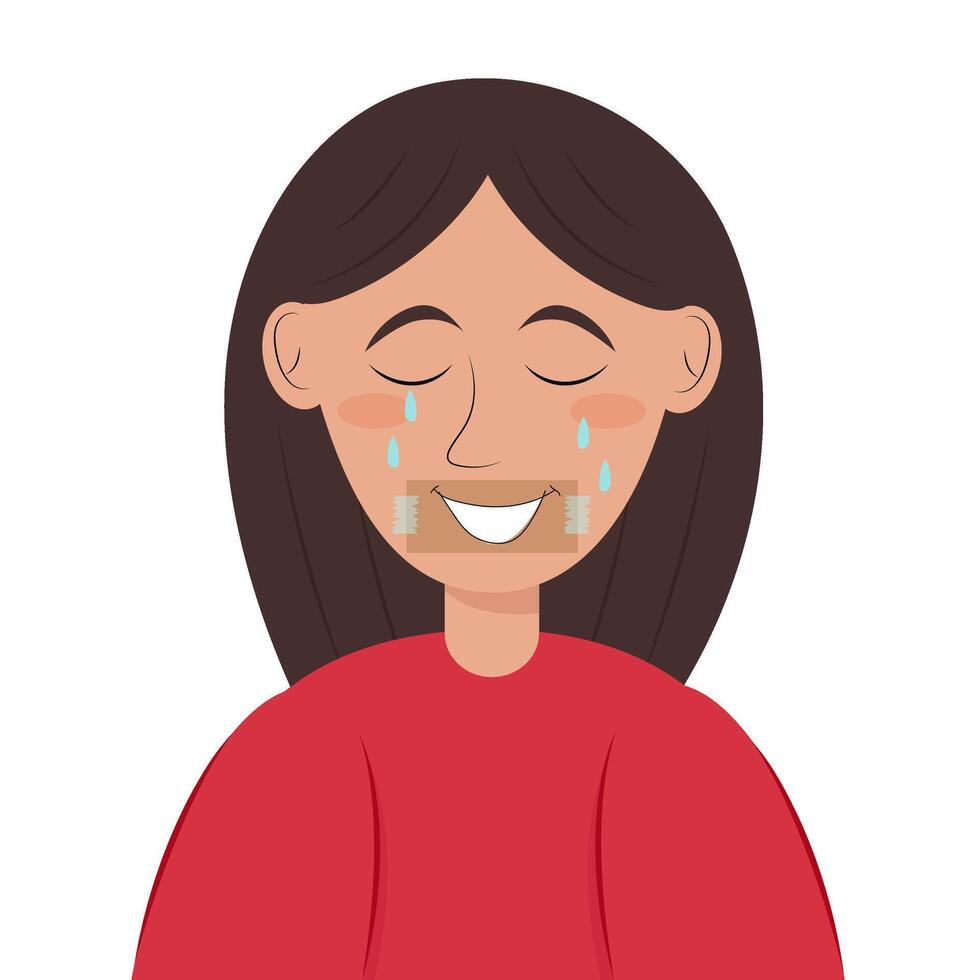 A sad, unhappy girl pretends to be cheerful and smiling. Depression concept. mental health. Smile through strength. Vector illustration of an unhappy girl in a flat style.