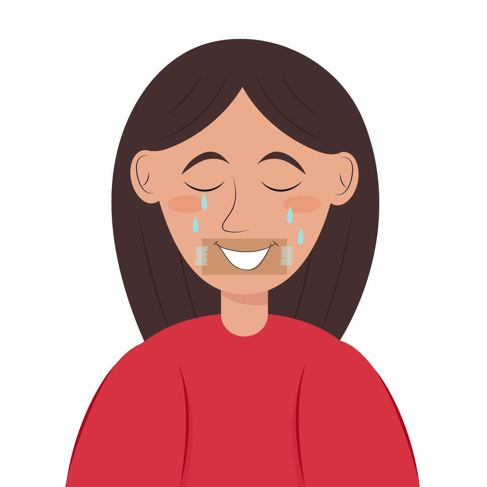 un triste, infeliz niña finge a ser alegre y sonriente. depresión concepto. mental salud. sonrisa mediante fortaleza. vector ilustración de un infeliz niña en un plano estilo.