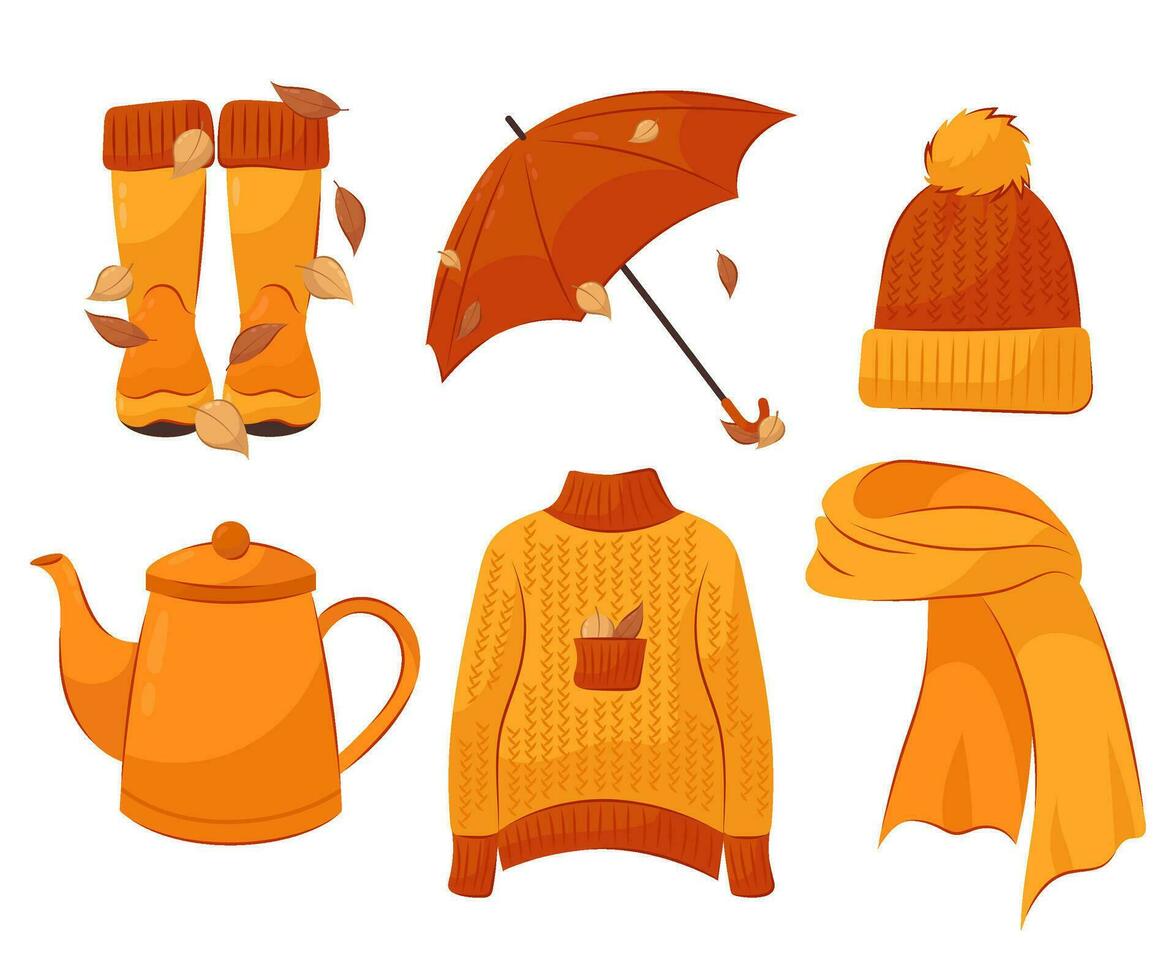 conjunto de acogedor otoño ilustraciones en un blanco antecedentes. otoño calentar de punto ropa en plano estilo. vector