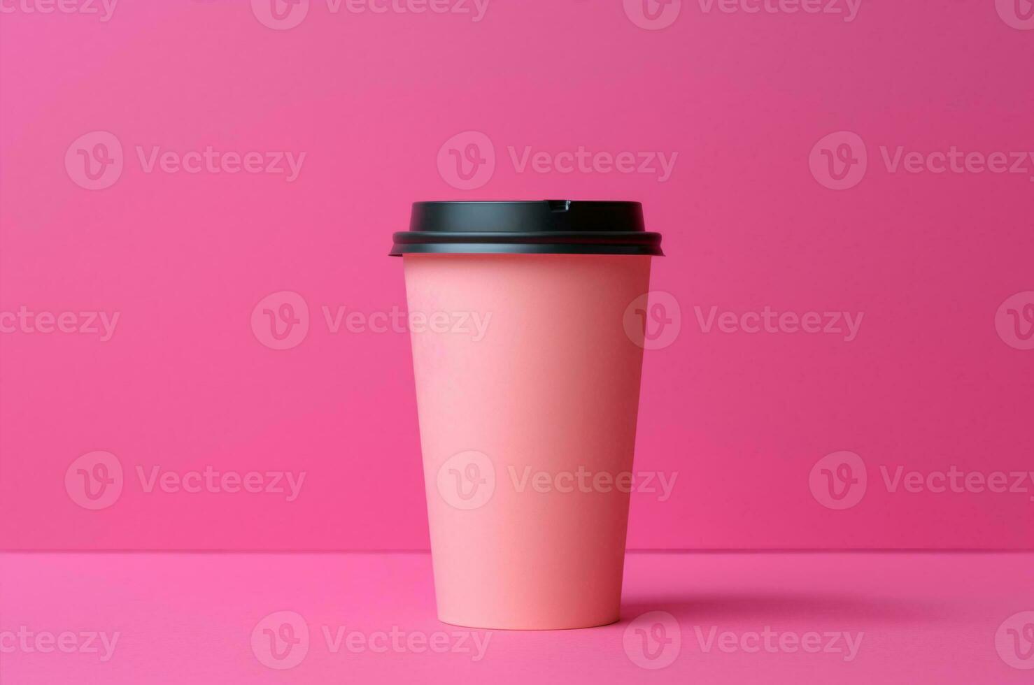 Mockup of a pink to-go coffee glass with a black lid on a pink background. Barbicore. Generative AI photo