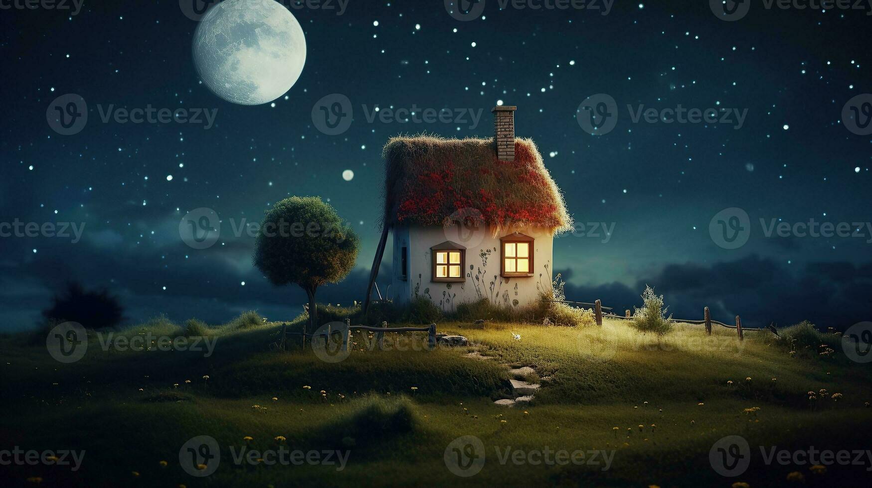 little house with full moon super moon Generative AI photo