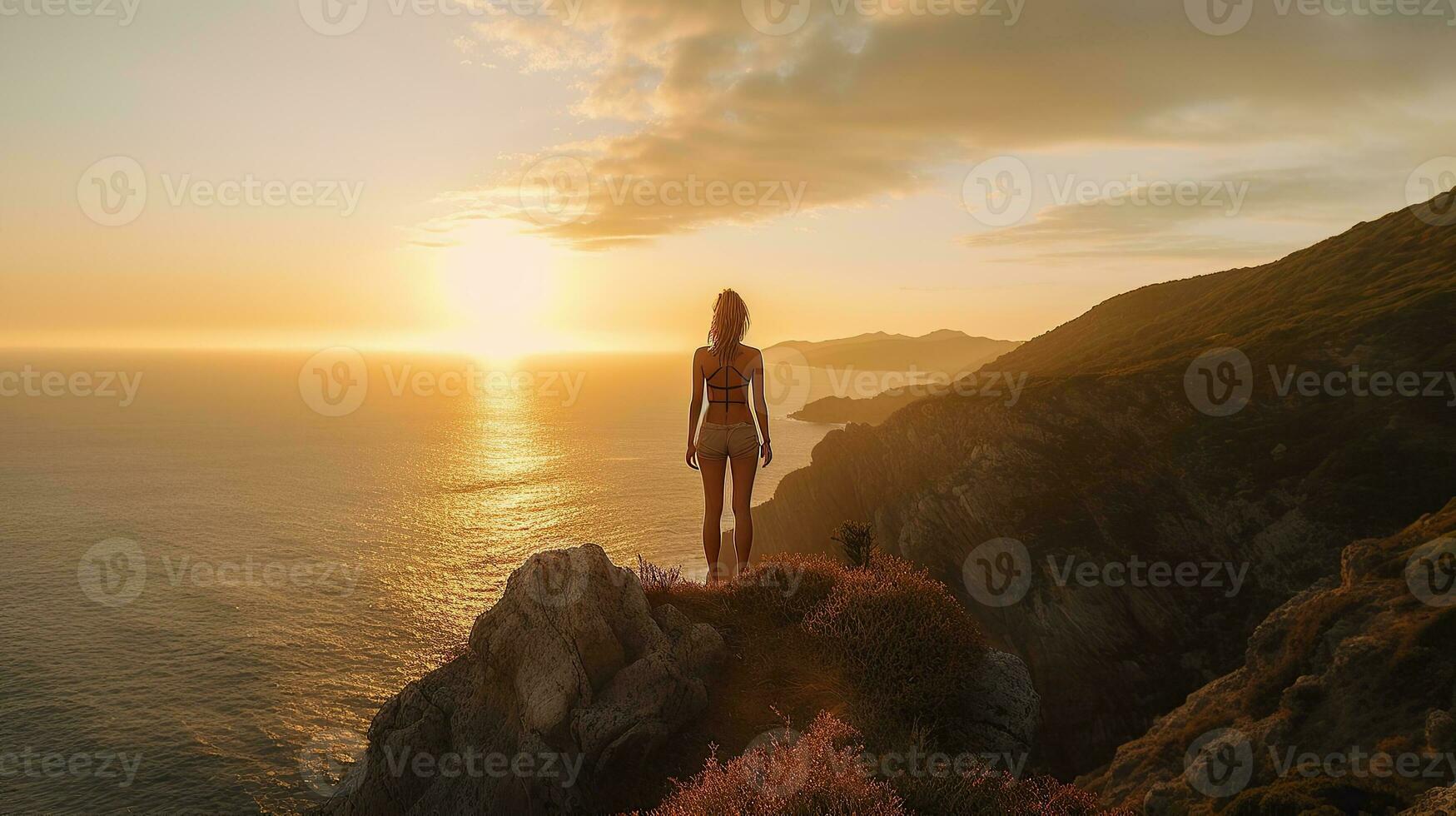 woman standing on top of cliff at sunset Generative AI photo