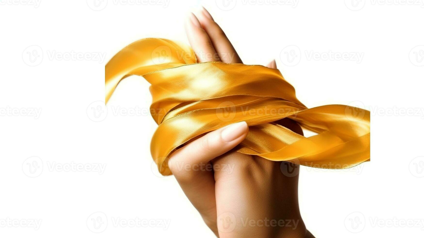 Female hands with yellow ribbon on a white background. Top view. photo