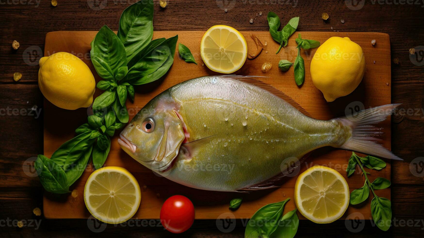 Top view delicious sea pomfretwith lemon and salad photo