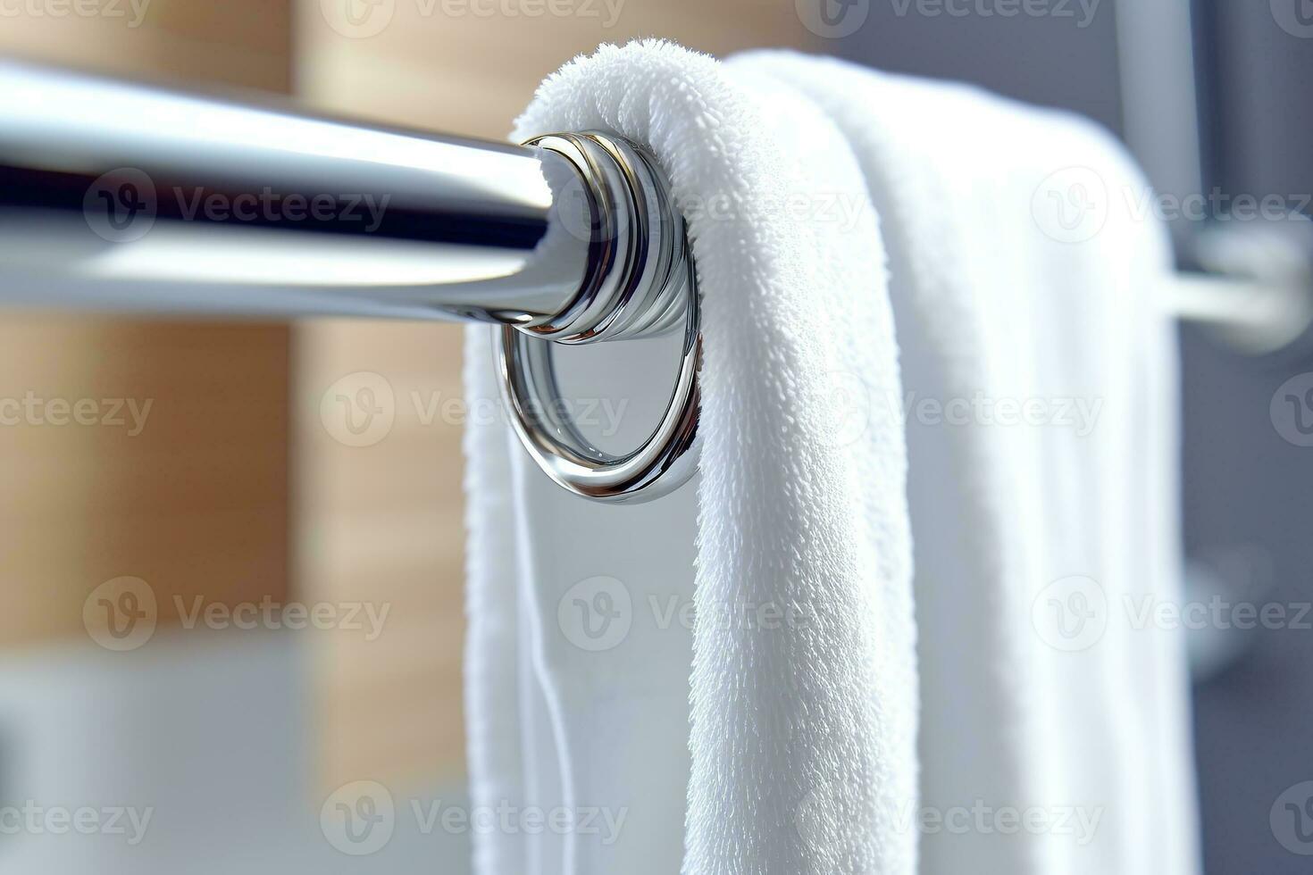 A closeup of a pristine white towel hanging on a polished metal rod Generative AI photo