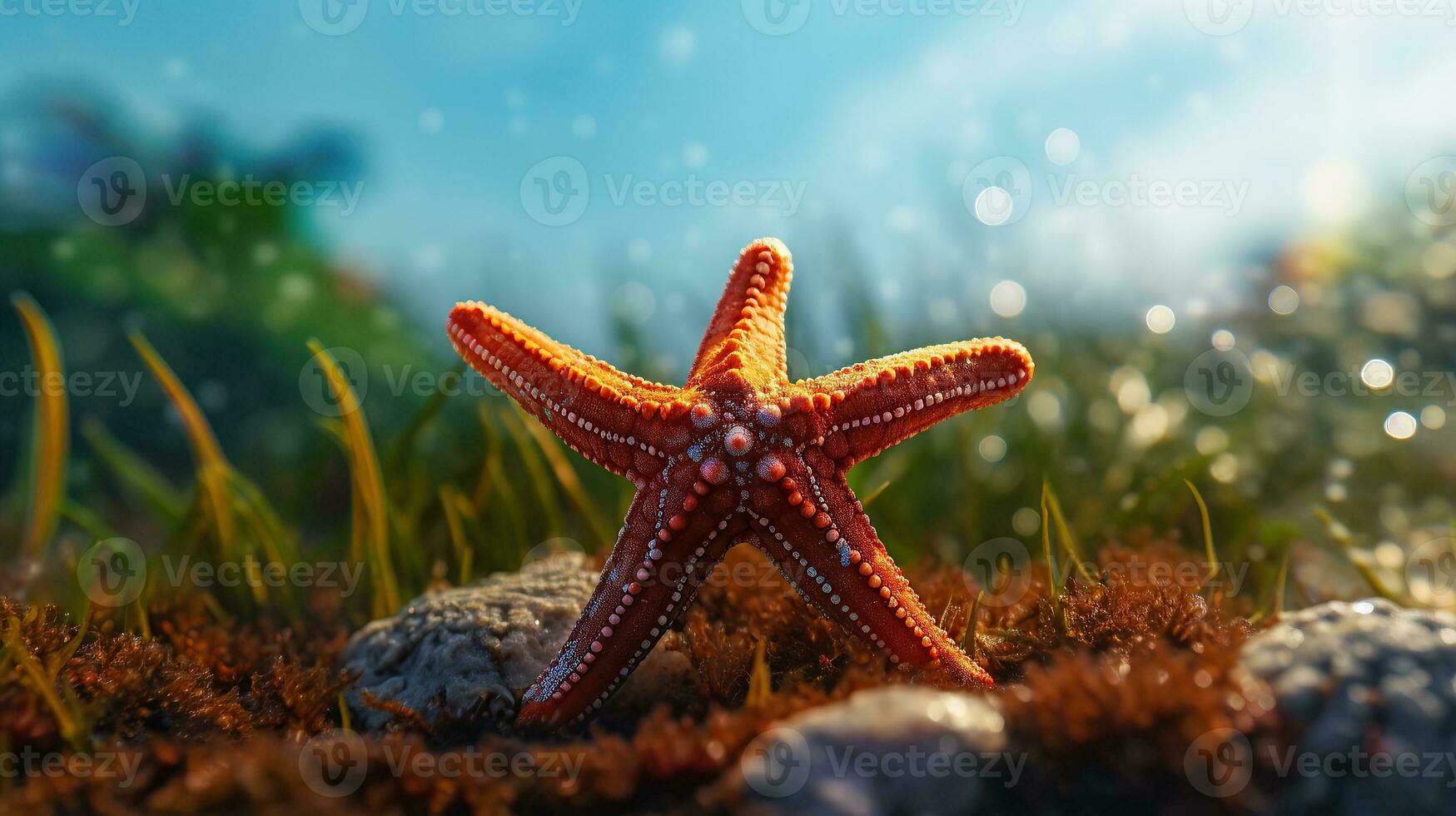 Starfish cartoon sticker in green background photo