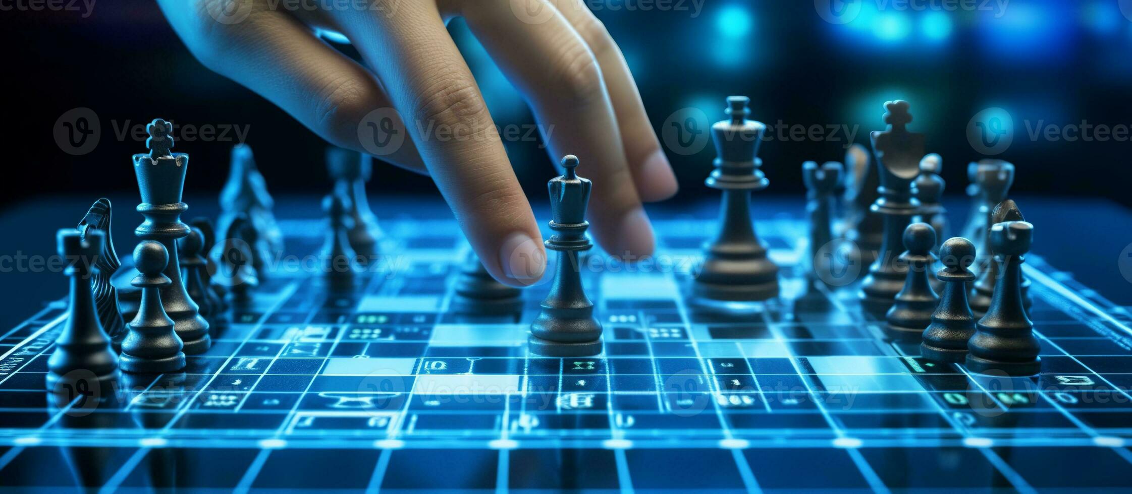 Business organize strategy brainstorm chess board game with hand touch king photo