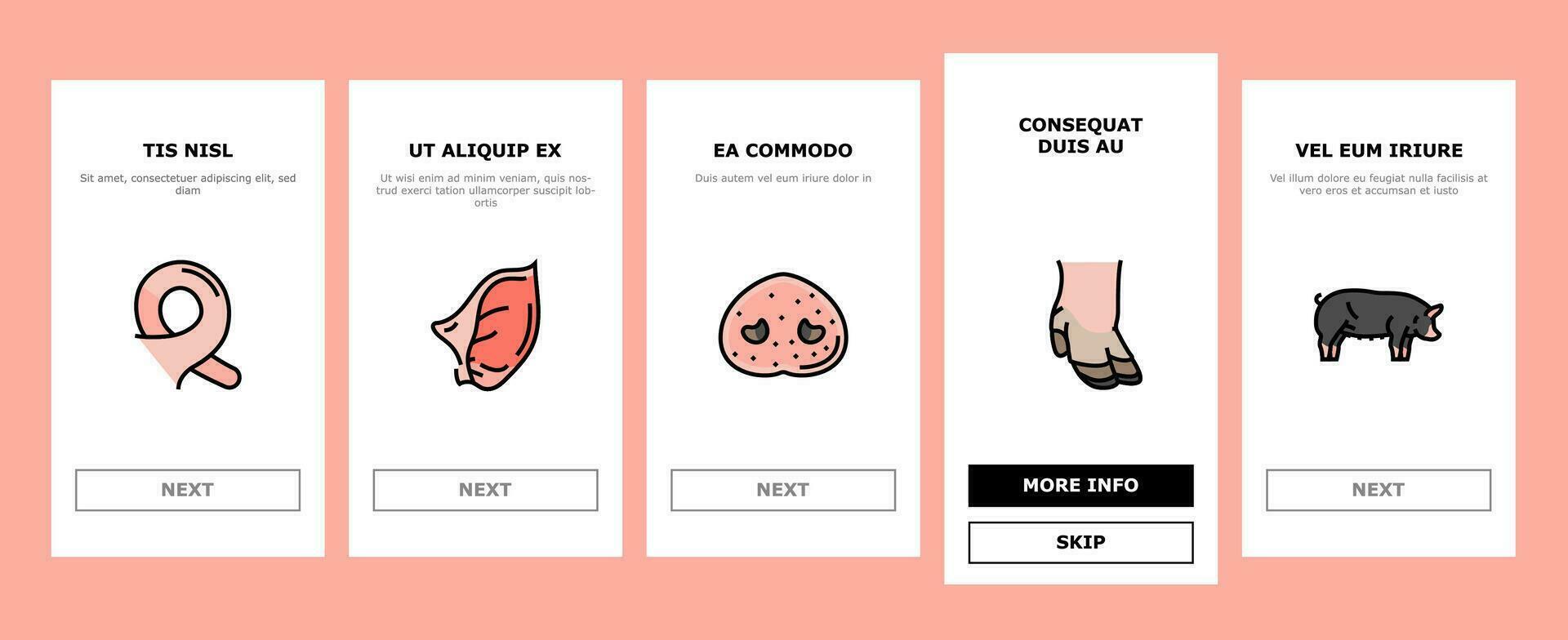 pork pig farm animal piglet hog onboarding icons set vector