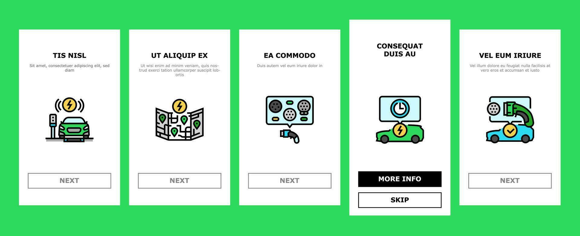 electric vehicle charging station onboarding icons set vector
