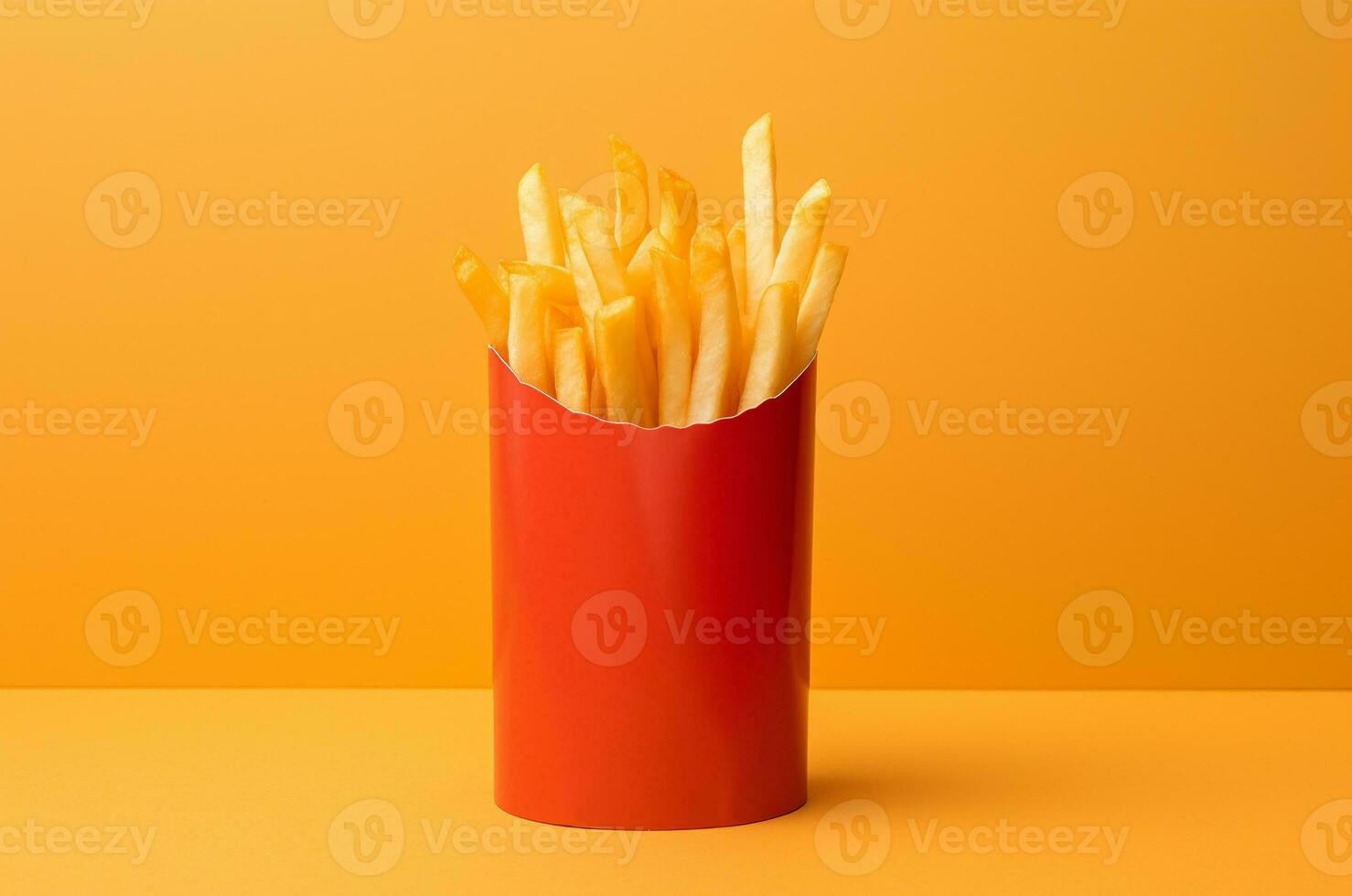 French fries in red packaging side view. Generative AI photo