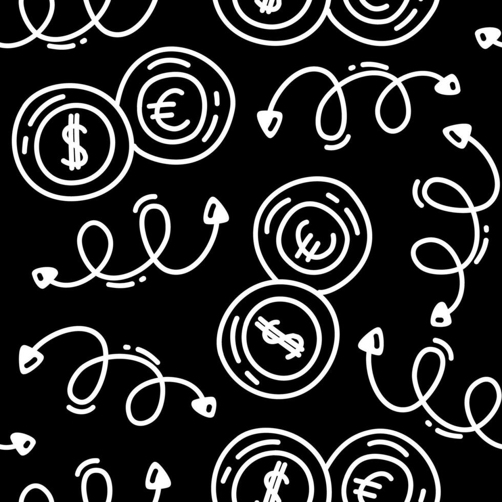 Doodle money pattern with coins and arrows. Vector seamless hand drawn background