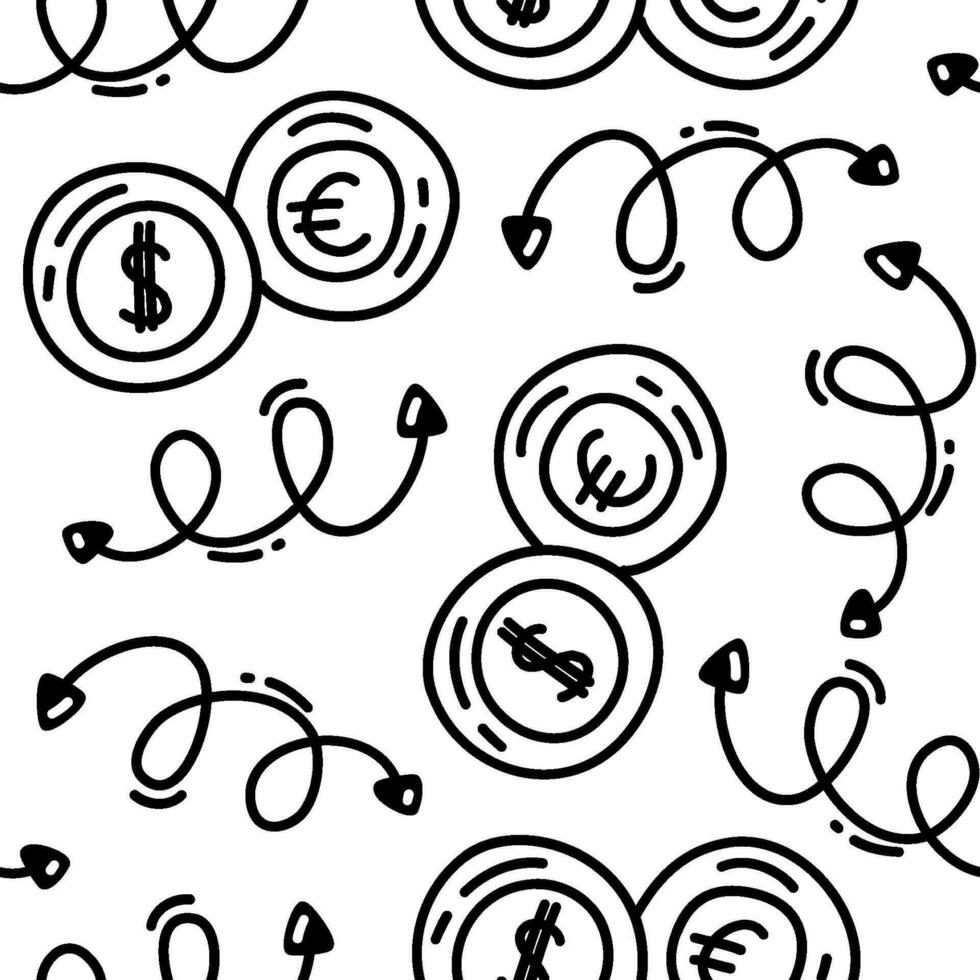 Doodle money pattern with coins and arrows. Vector seamless hand drawn background