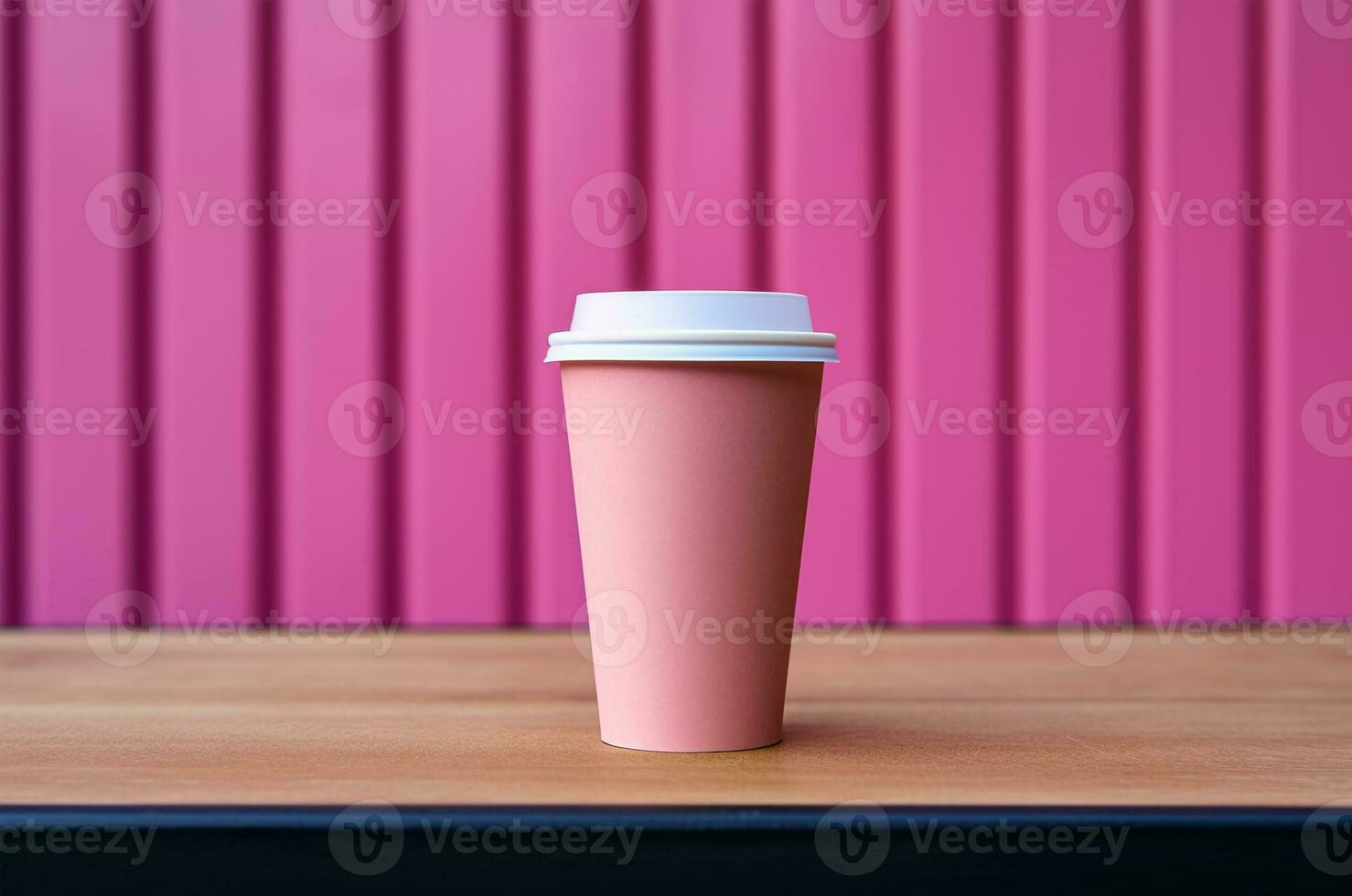 Mockup of a pink to-go coffee glass with a white lid on a striped pink background. . Generative AI photo