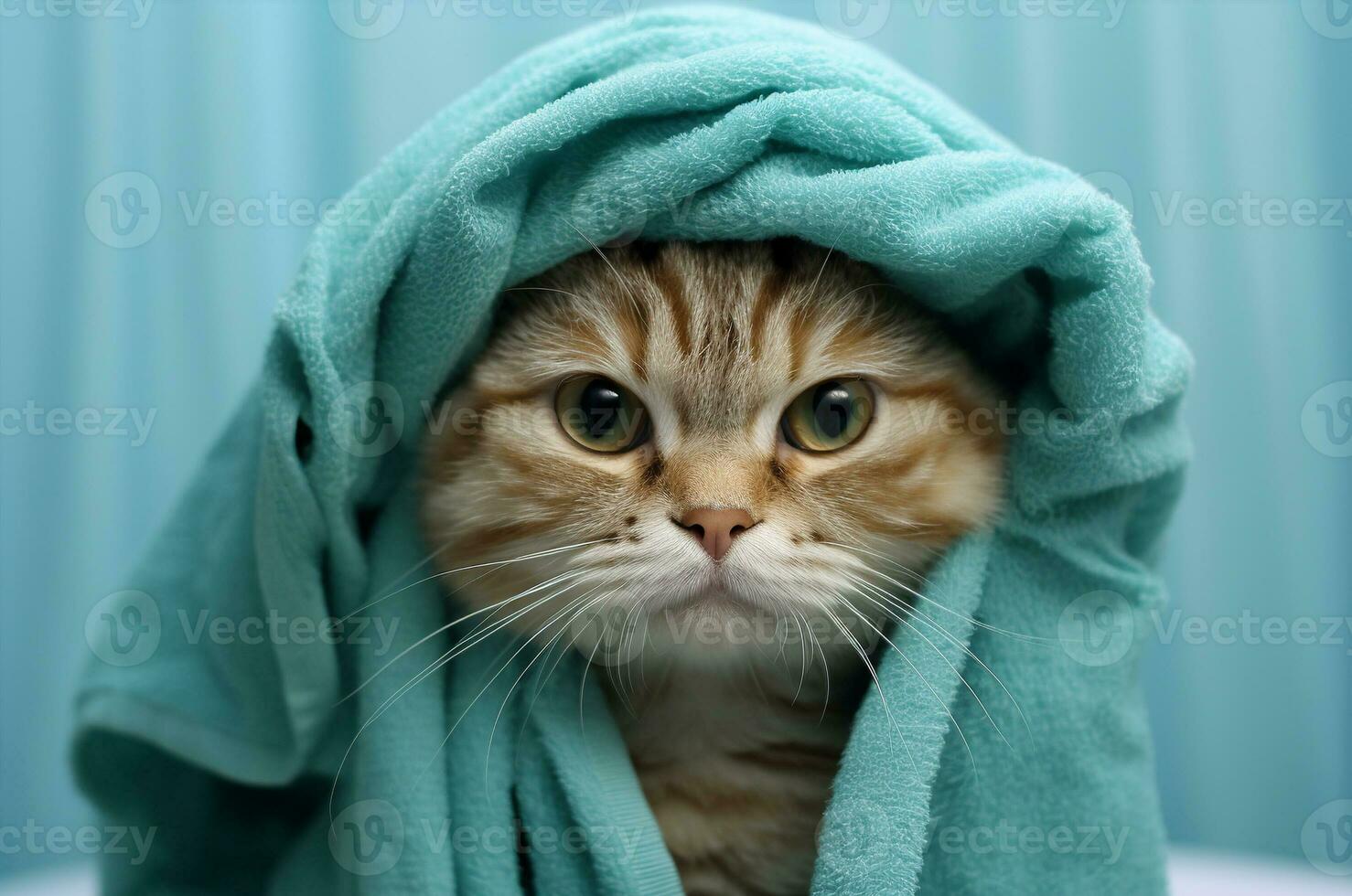 gato después ducha en un toalla. generativo ai foto