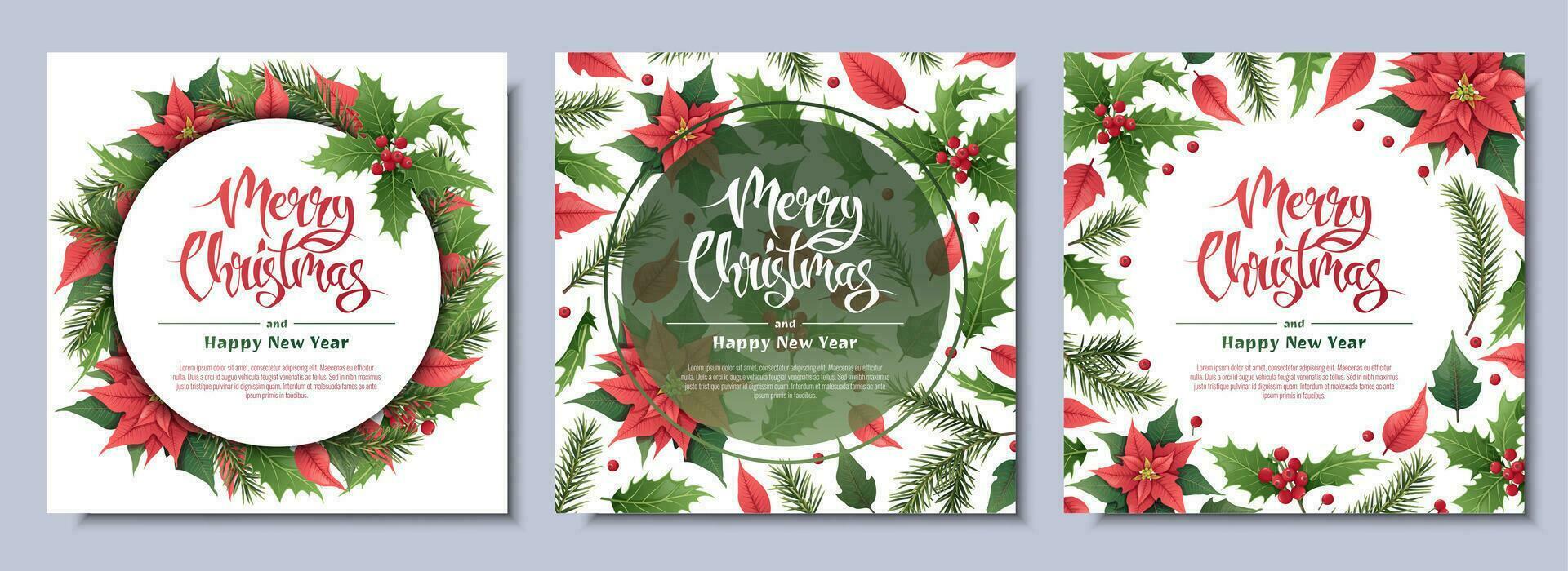 Set of Christmas greeting card, with winter plants, poinsettia, holly berry, spruce, traditional symbol.Vignette, frame, on a white background for greeting card, invitation, banner, flyer. vector