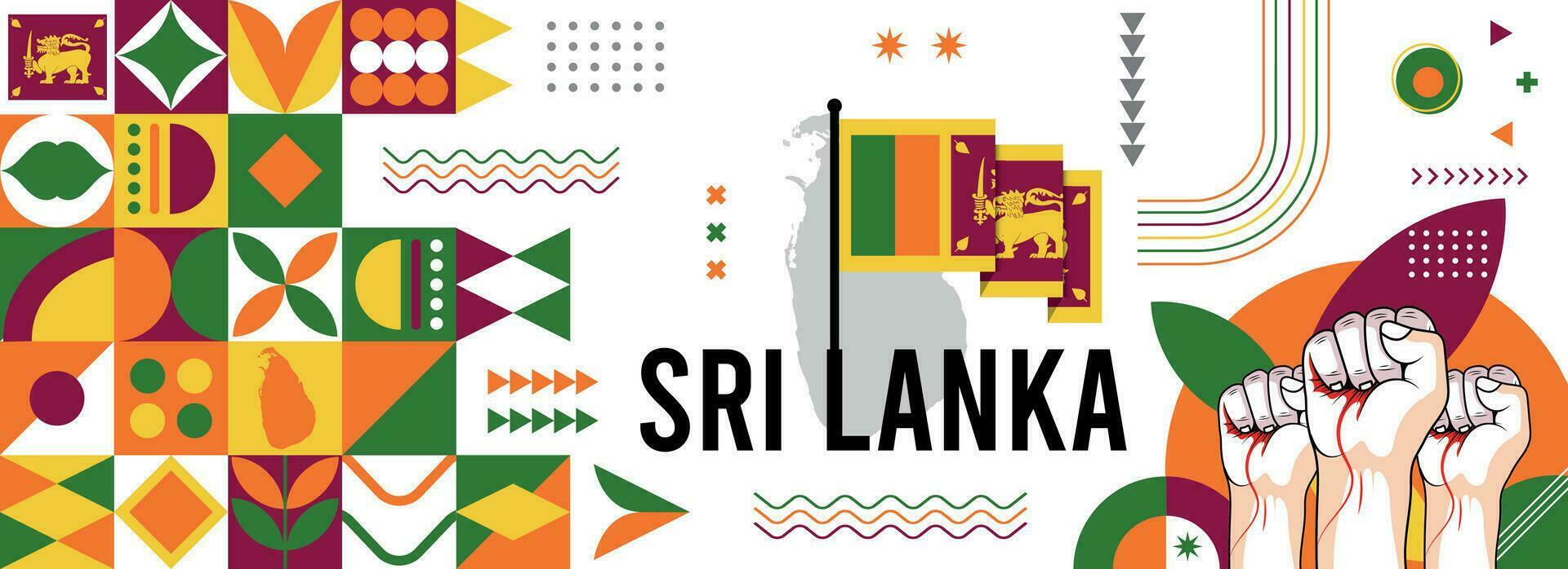 Sri Lanka national or independence day banner design for country celebration. Flag and map of Sri Lanka with raised fists. Modern retro design with abstract geometric icons. Vector illustration.
