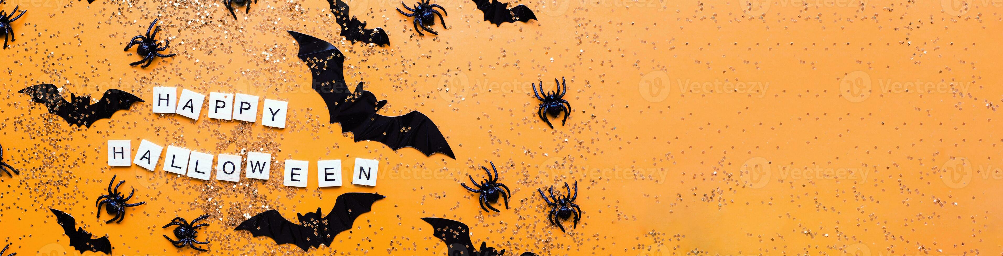 Banner Lettering happy halloween. Flatly bats. Hslloween event, glitter photo