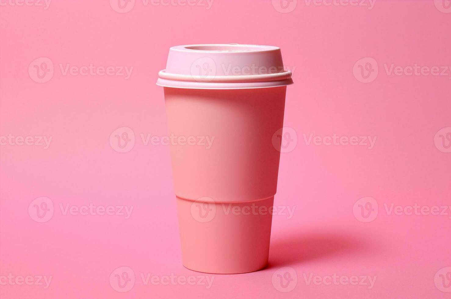 Mockup of a pink to-go coffee glass with a white lid. Recycling, ecology. Barbicore. Generative AI photo