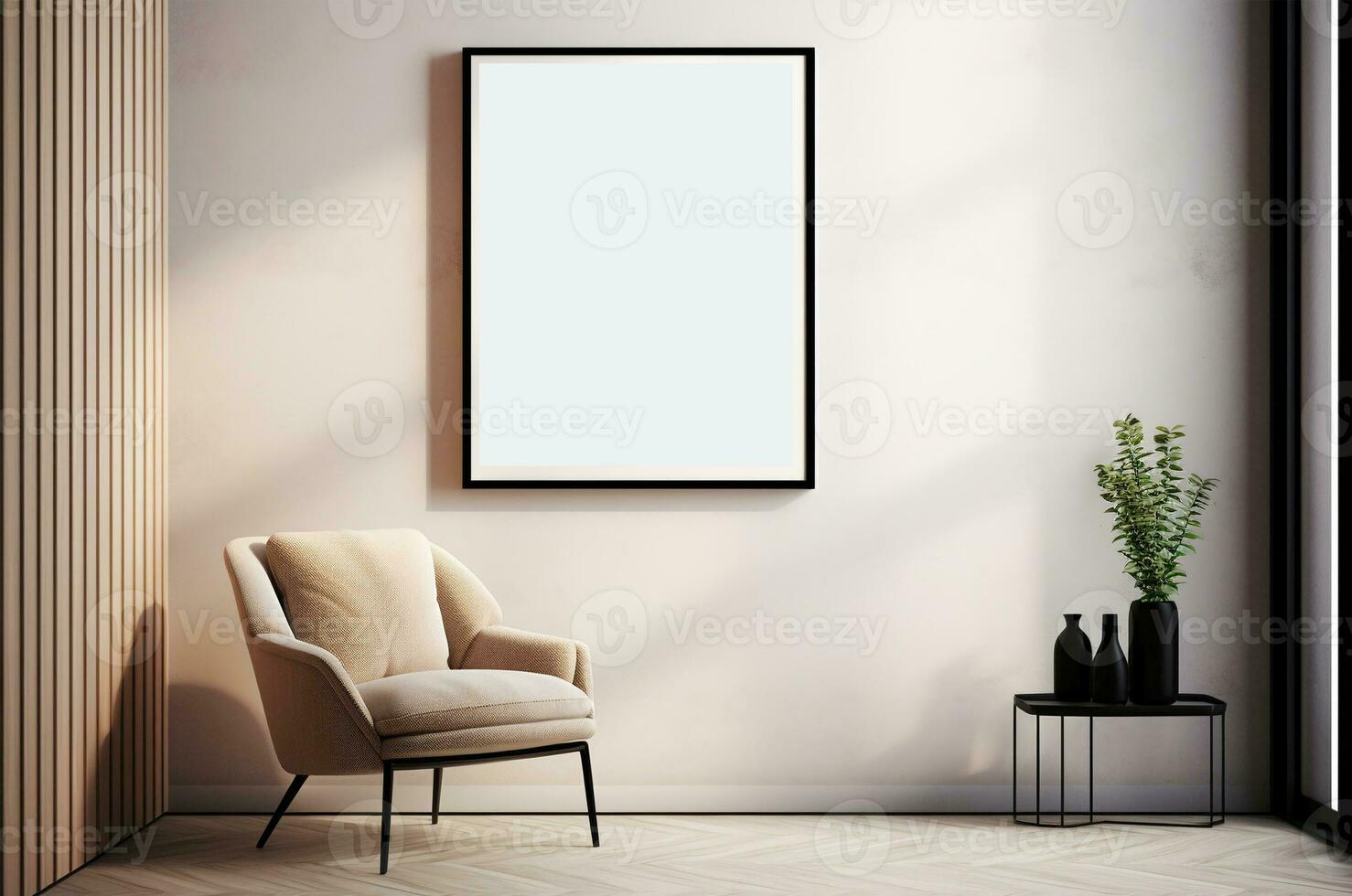 Stylish beige minimalistic 3d interior with mockup painting on the wall. Interior with an armchair and a plant. Generative AI photo