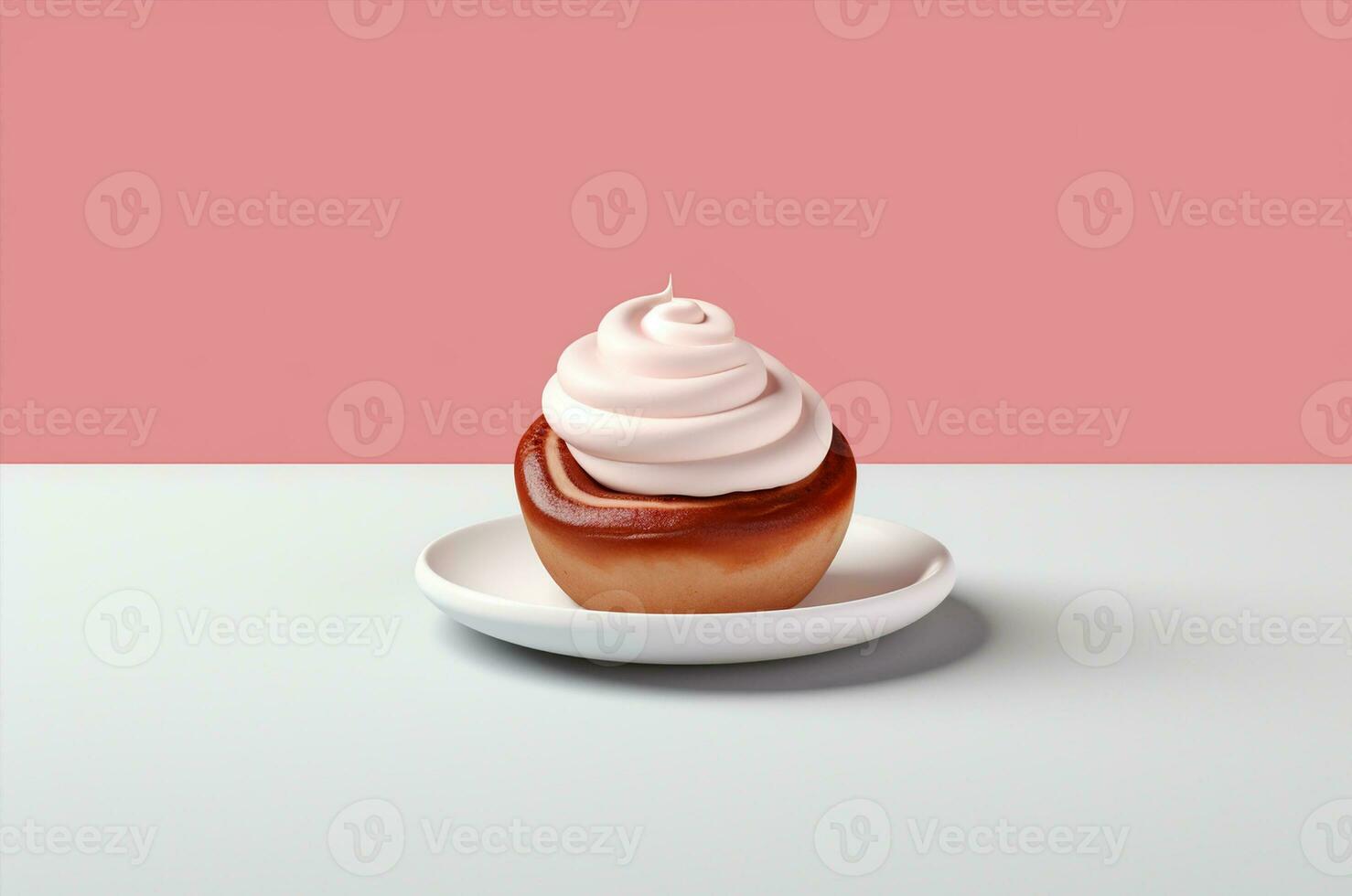 Minimalistic cinnamon bun on  pink background. Generative AI photo