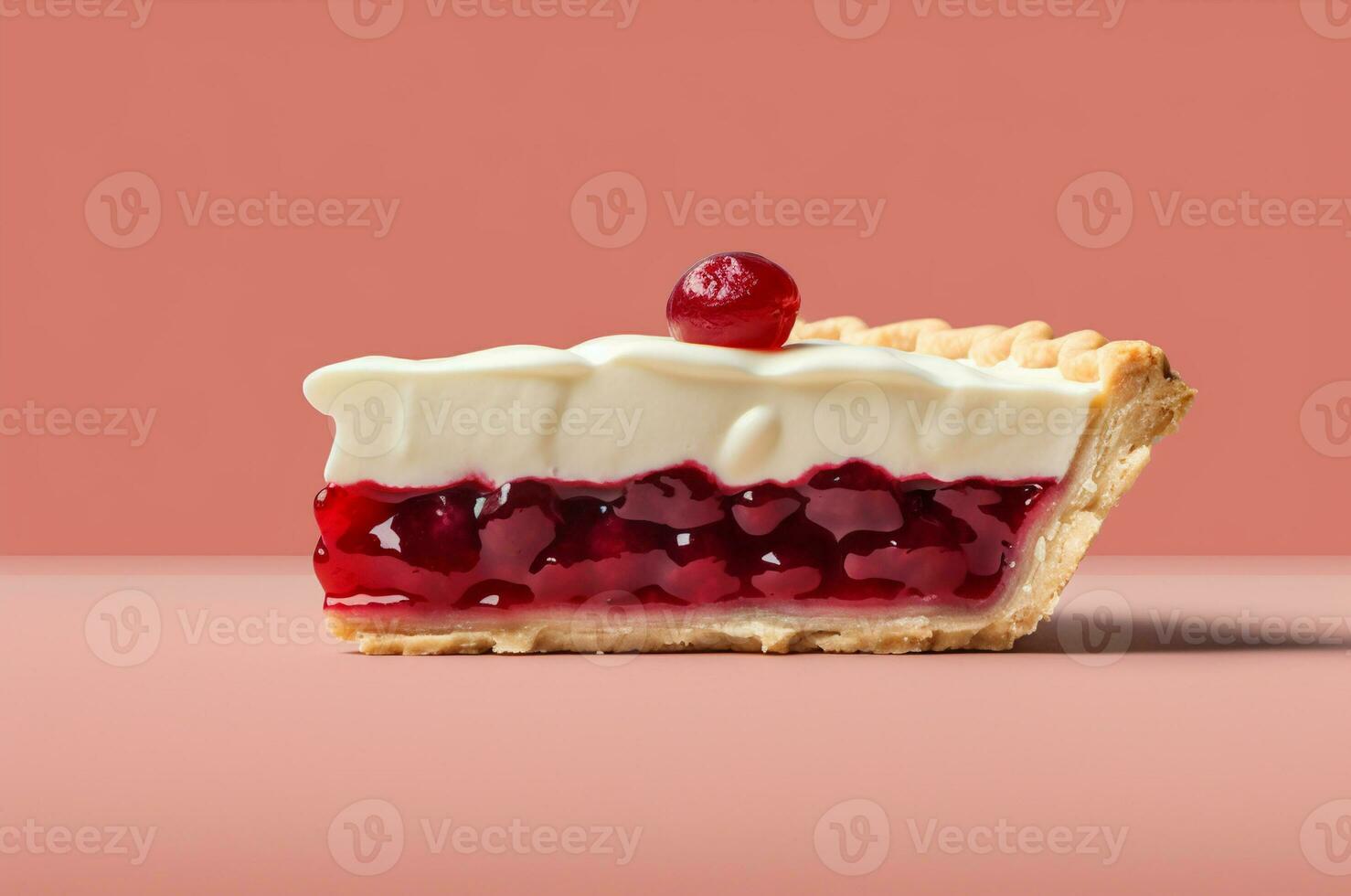 Side view of cherry pie on pink background. Generative AI photo