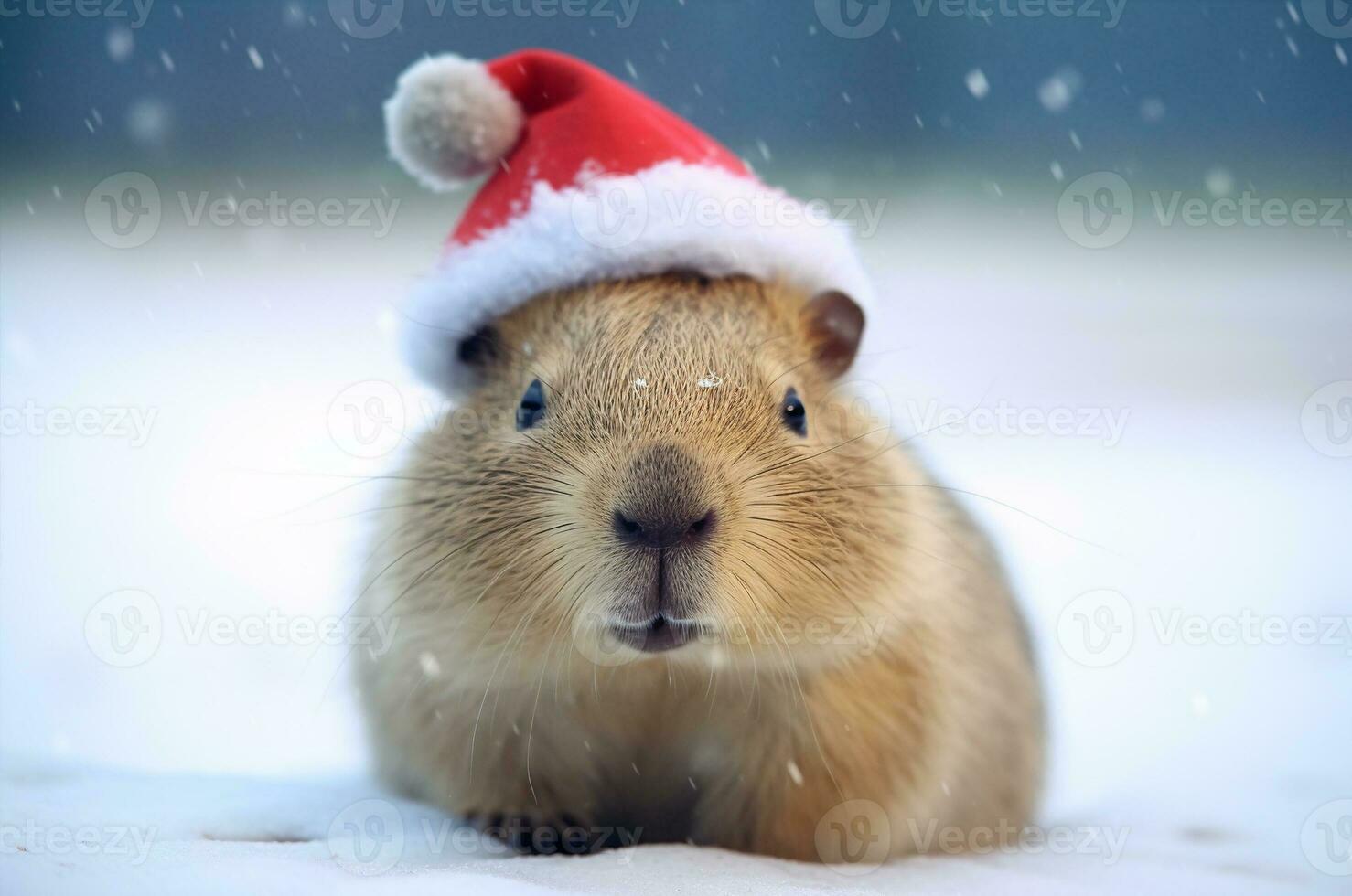 Capybara wearing a santa hat in the snow. Generative AI photo