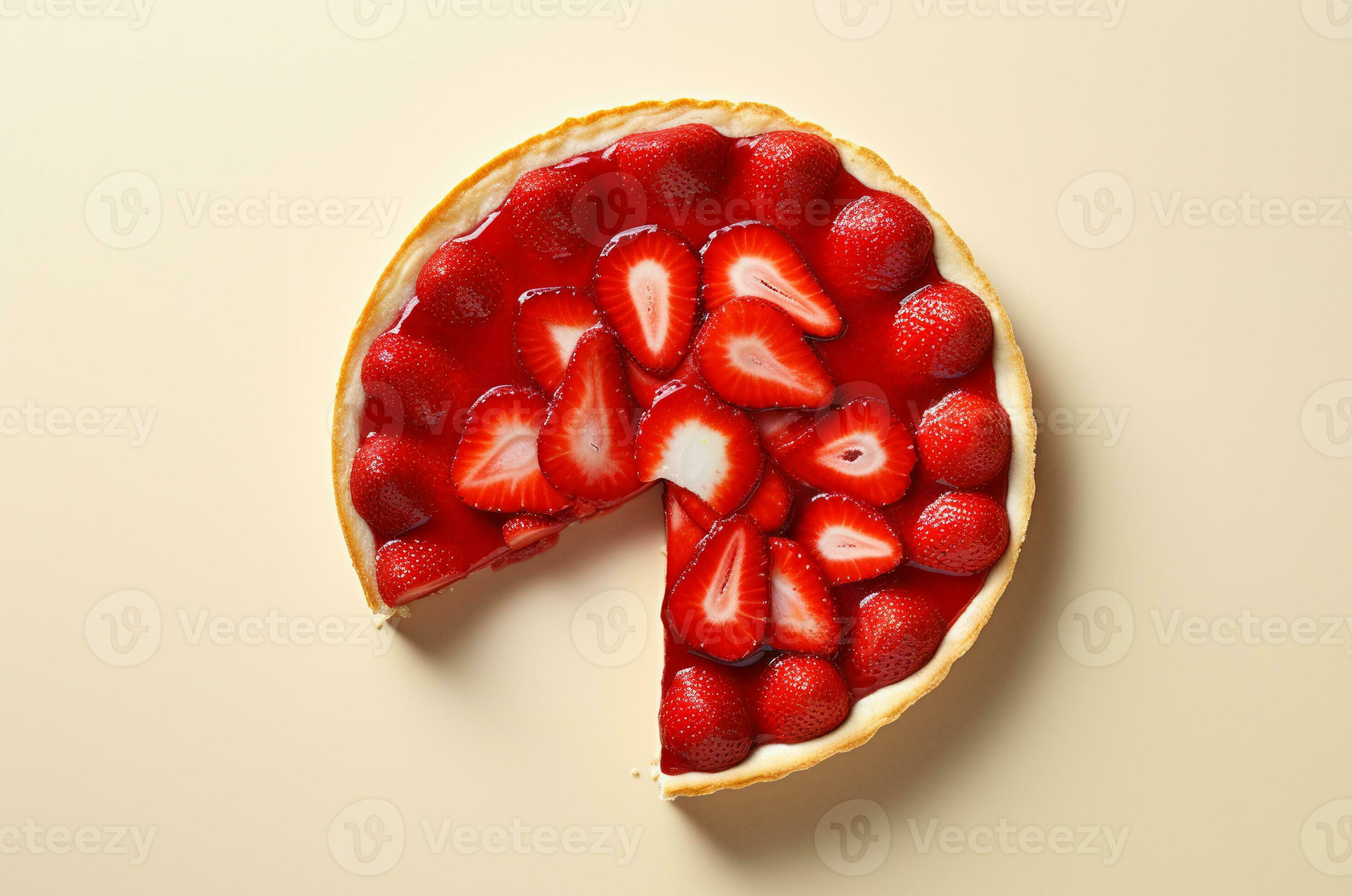 Strawberry tart with jelly layer without a piece, top view. Generative