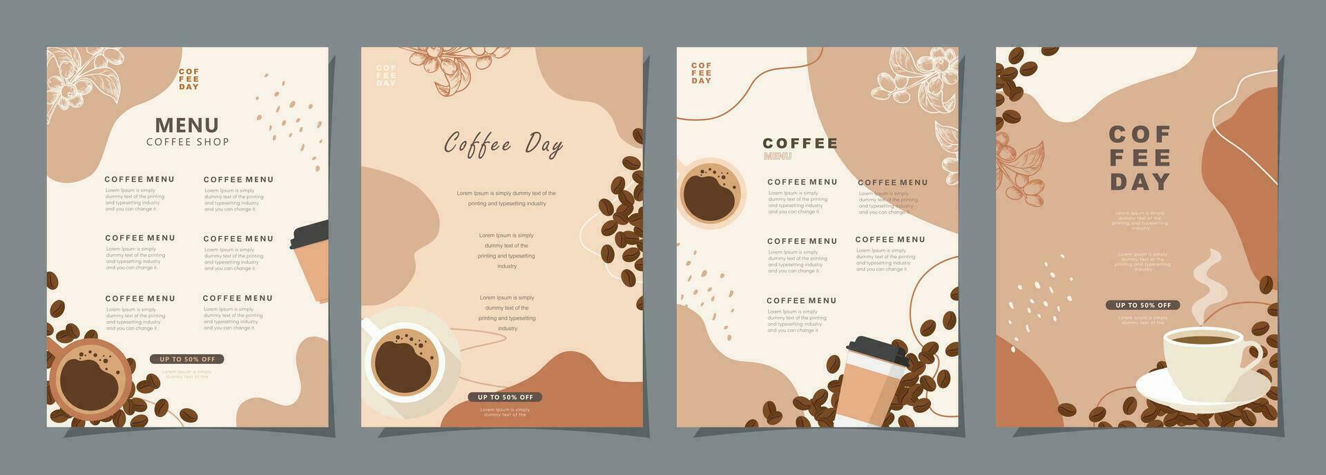 conjunto de bosquejo pancartas con café frijoles y hojas en vistoso antecedentes para póster, cubrir, menú o otro modelo diseño. vector ilustración.