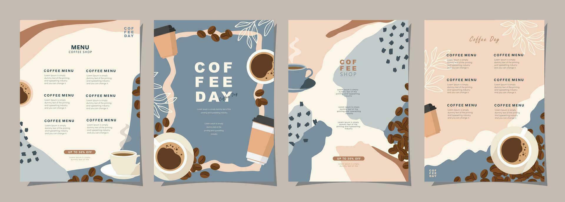 conjunto de bosquejo pancartas con café frijoles y hojas en vistoso antecedentes para póster, cubrir, menú o otro modelo diseño. vector ilustración.