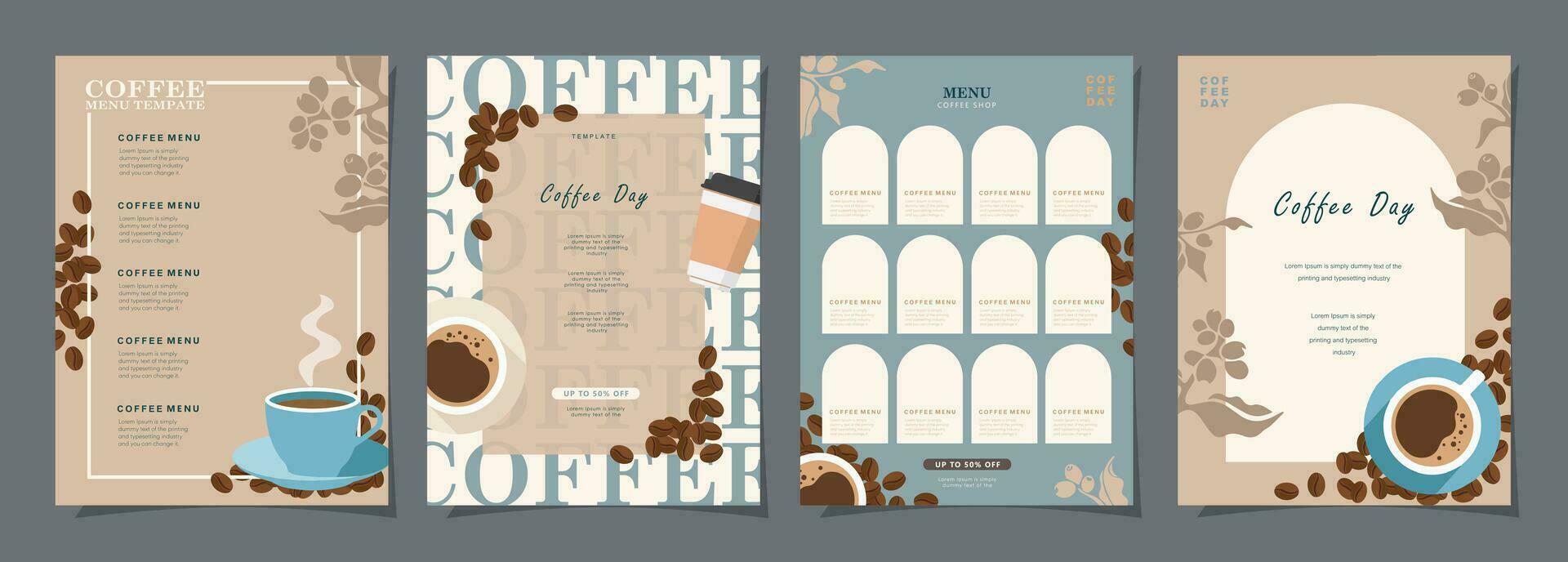 conjunto de bosquejo pancartas con café frijoles y hojas en vistoso antecedentes para póster, cubrir, menú o otro modelo diseño. vector ilustración.