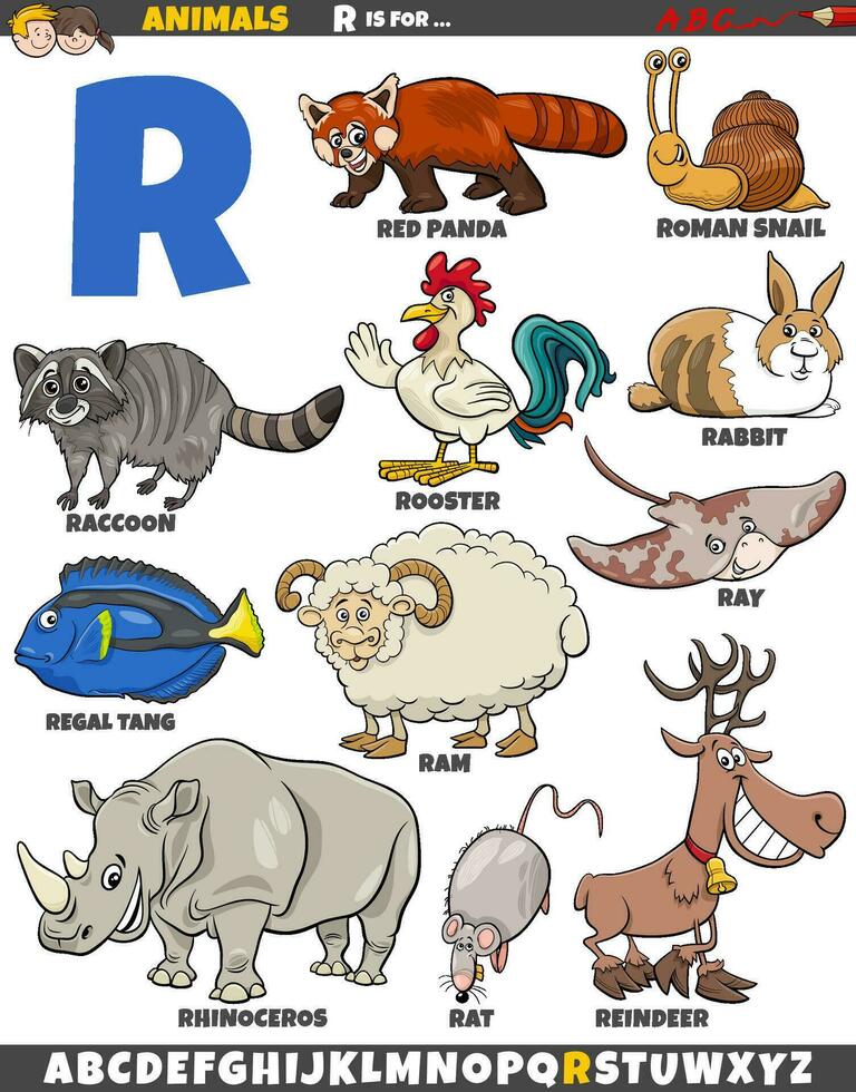 dibujos animados animal caracteres para letra r educativo conjunto vector