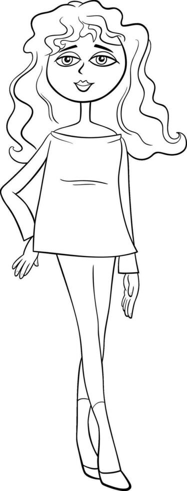 cartoon beautiful girl or young woman character coloring page vector