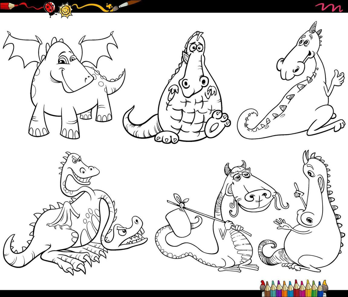 cartoon dragons fantasy animal characters set coloring page vector