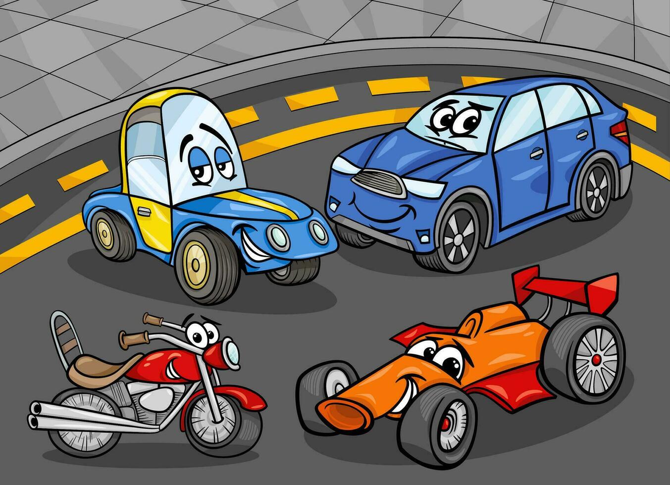 cartoon cars and vehicles group in the street vector