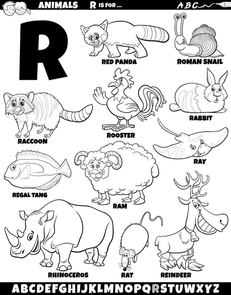 cartoon animal characters for letter R set coloring page vector