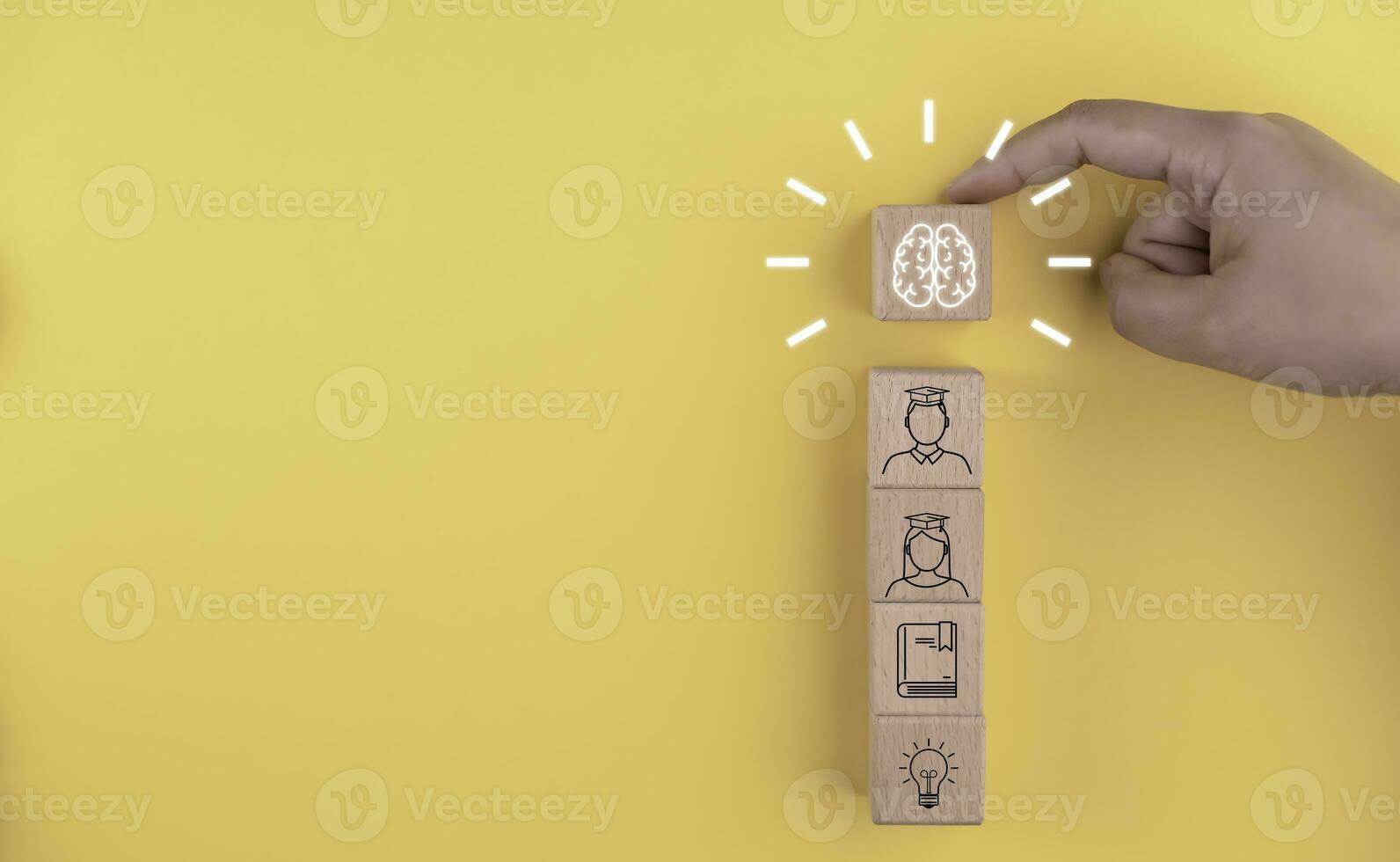Intelligent brain with Male and female student icons on wooden blocks,virtual screen, internet lessons and online webinar, online lessons on a digital screen.Education internet Technology. photo